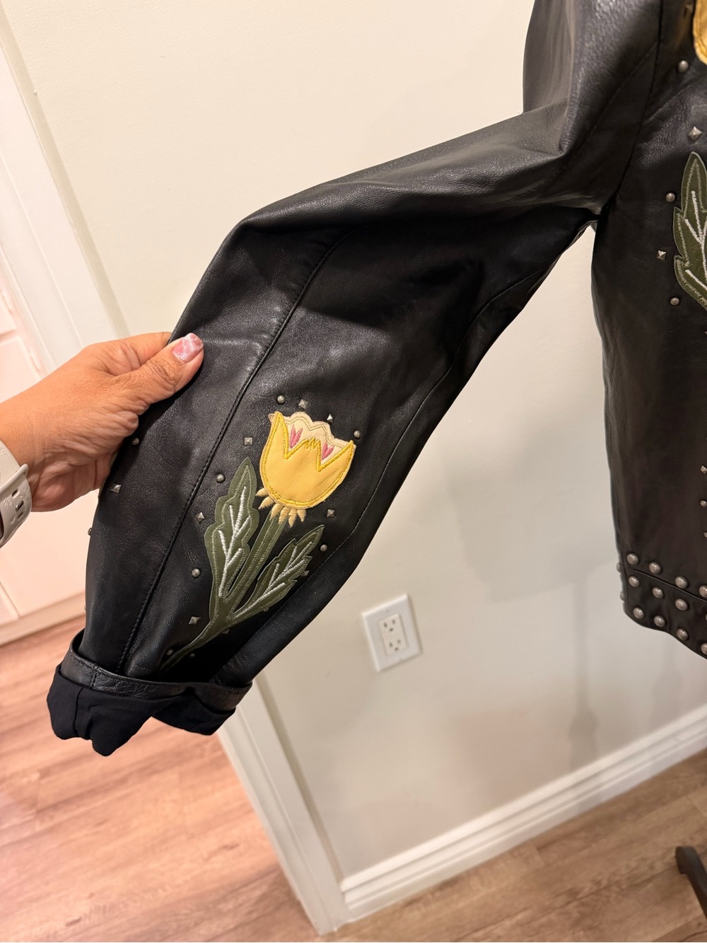 Idyllwind Black Leather Studded Moto Jacket with Pink & Yellow Floral Embroidery - Picture 5 of 5